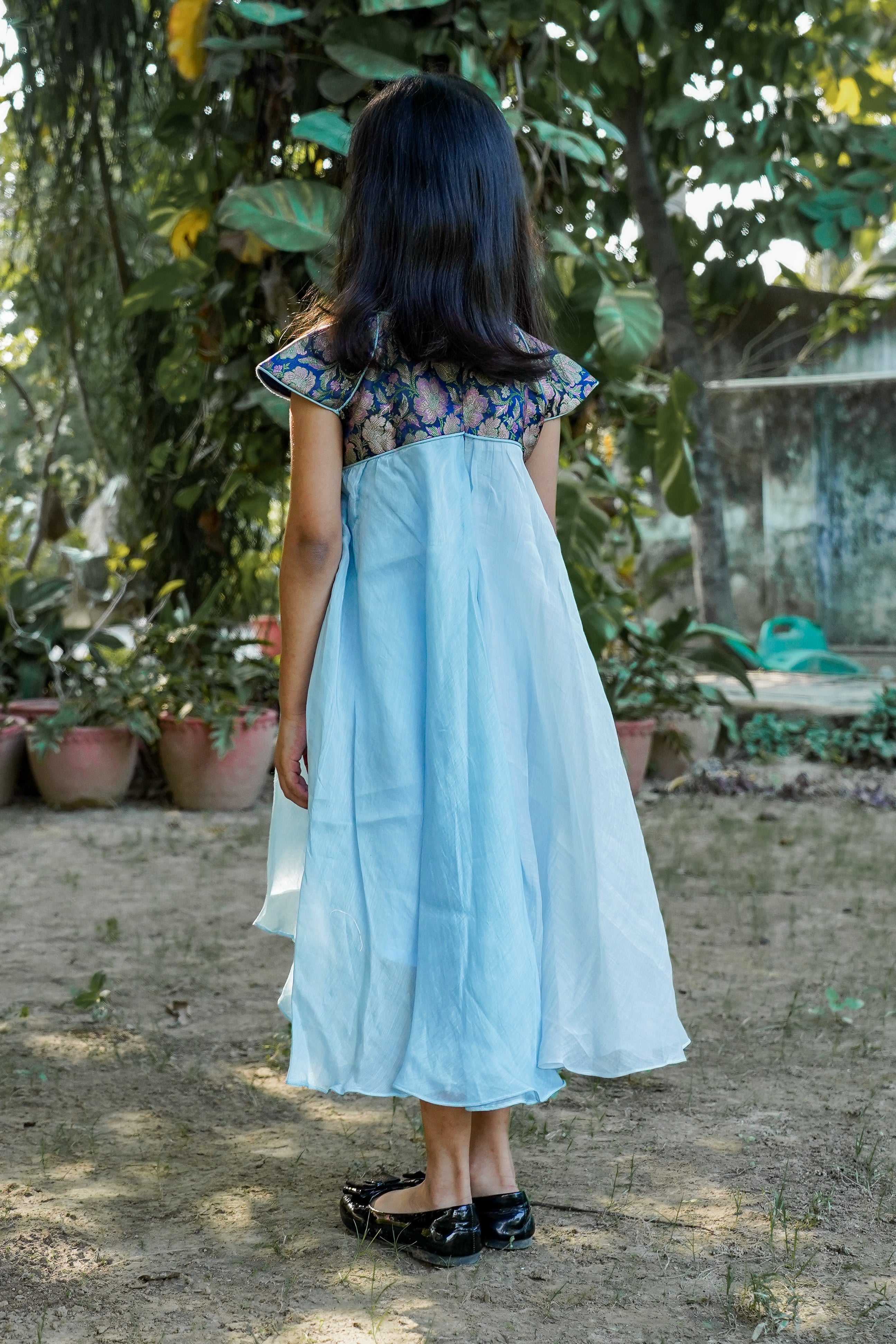 Blue Brocade Yolk Dress