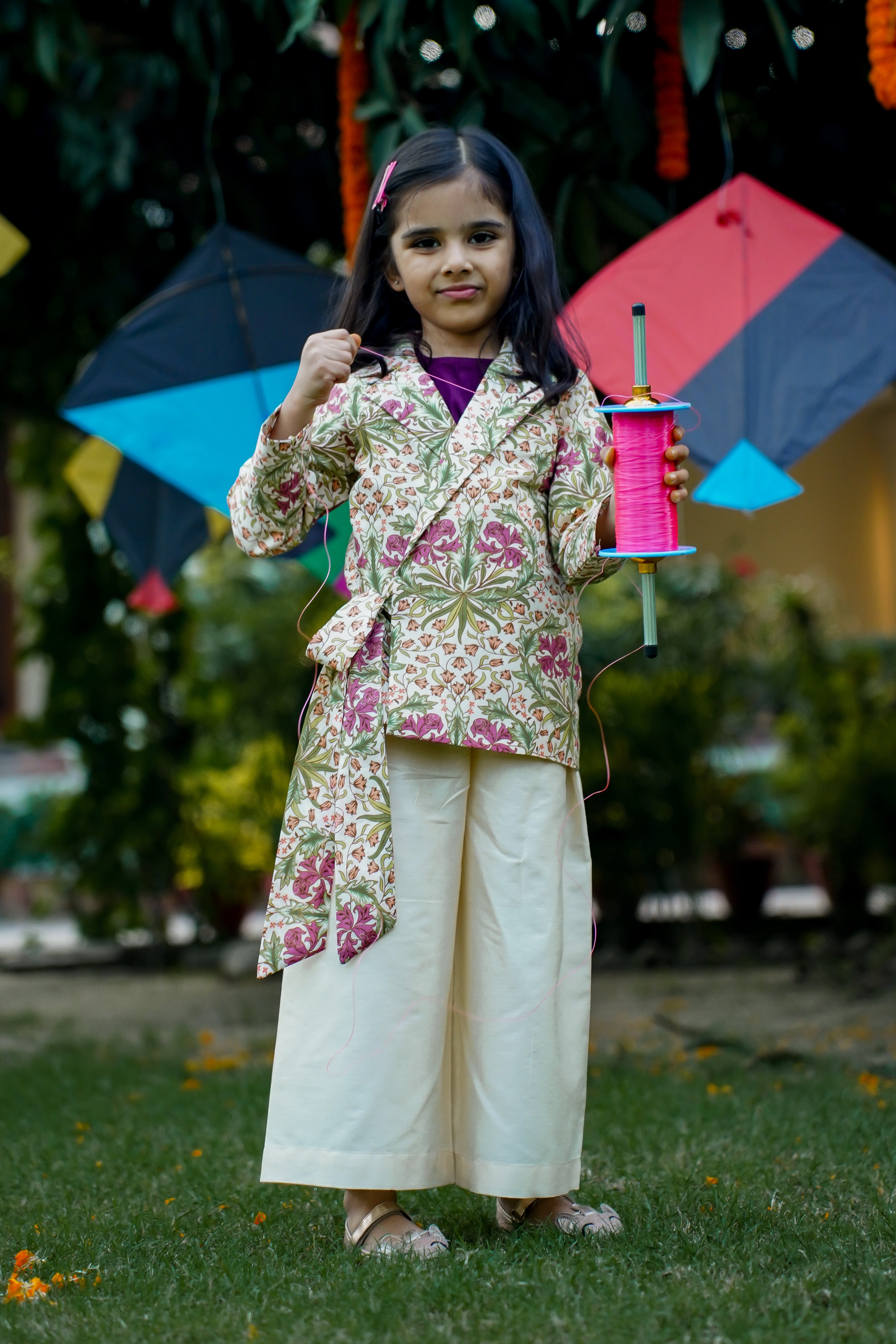SnuggleMe 3 piece indo western set with side-knot blazer and vibrant Chanderi palazzo