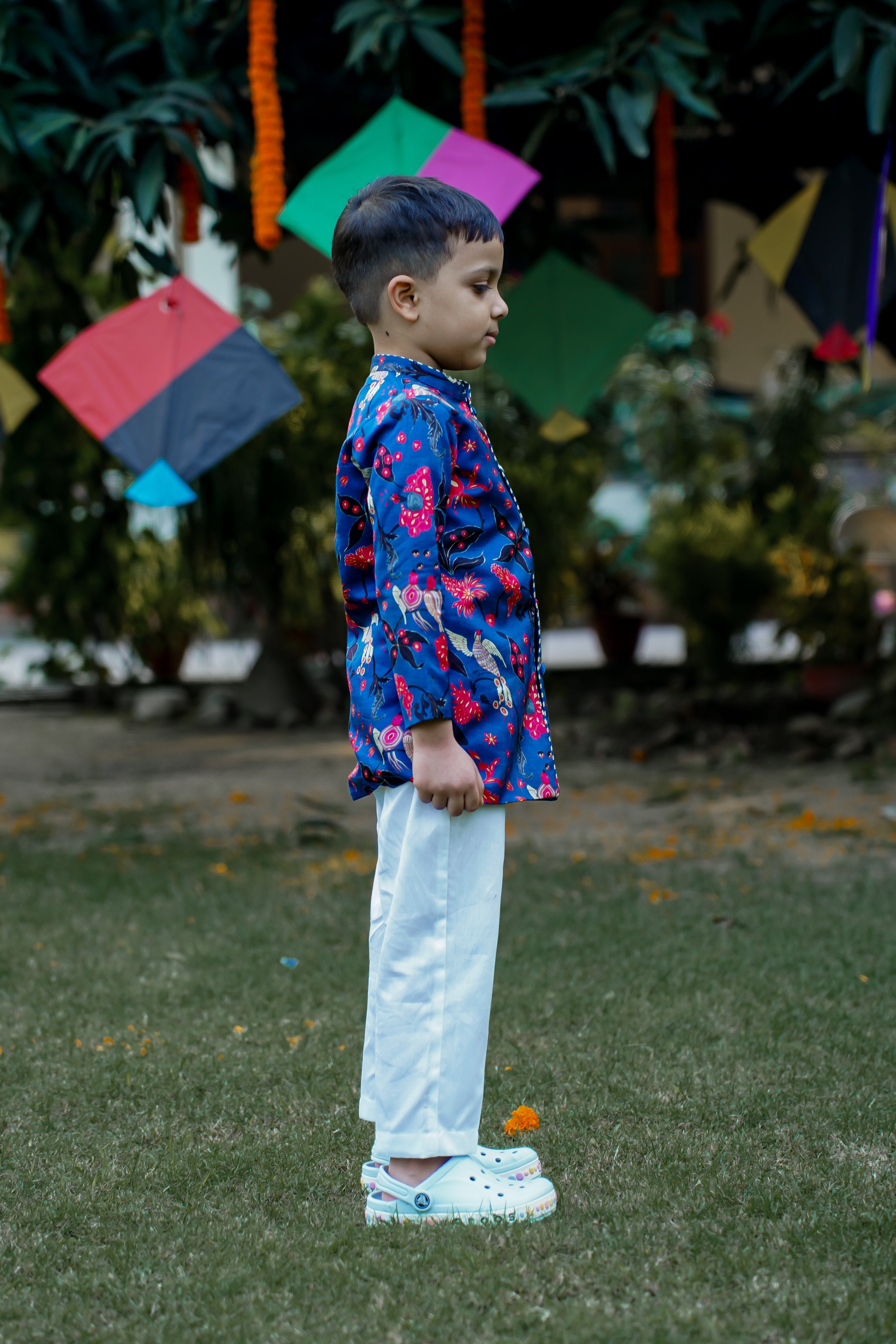 Printed Sherwani pant set for Boys-Blue