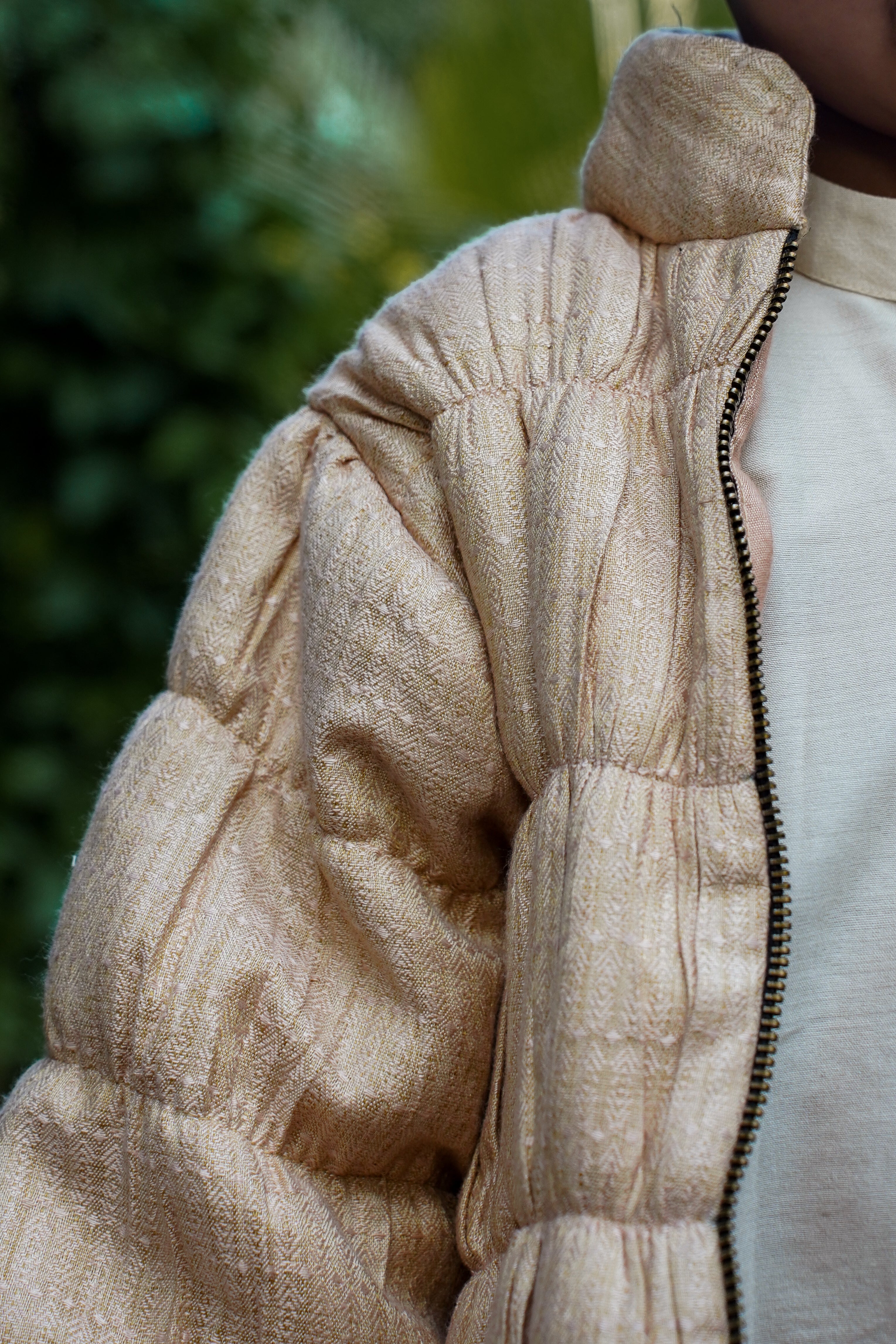 Beige Elegance: Unisex Handloom Cotton Silk Puffer Jacket & Kurta Set
