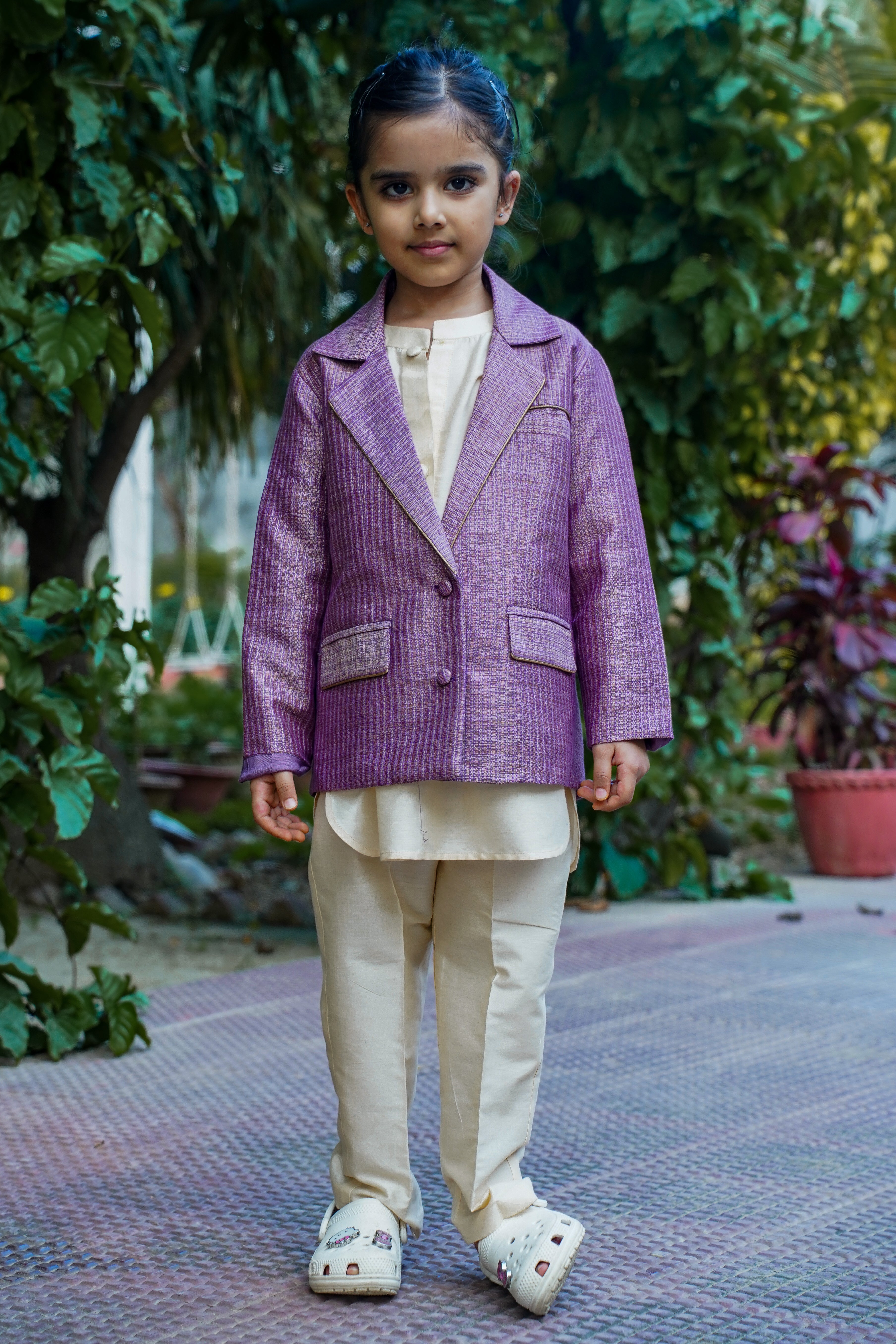 Purple Majesty: Unisex Retro-Style Kurta Pajama & Coat Set