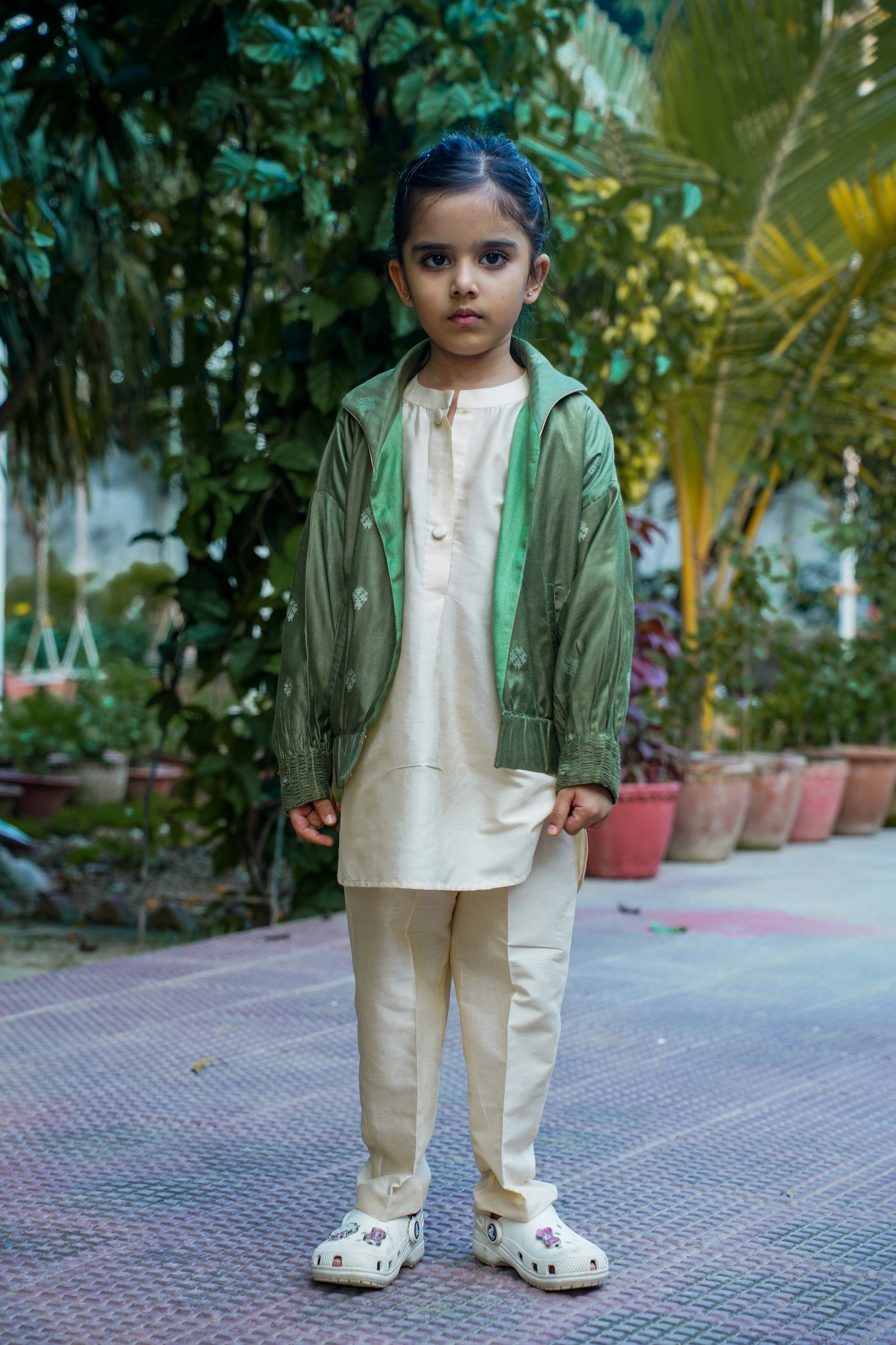 SnuggleMev Designer Green unisex kids' bomber jacket and kurta set , ideal for ethnic events.