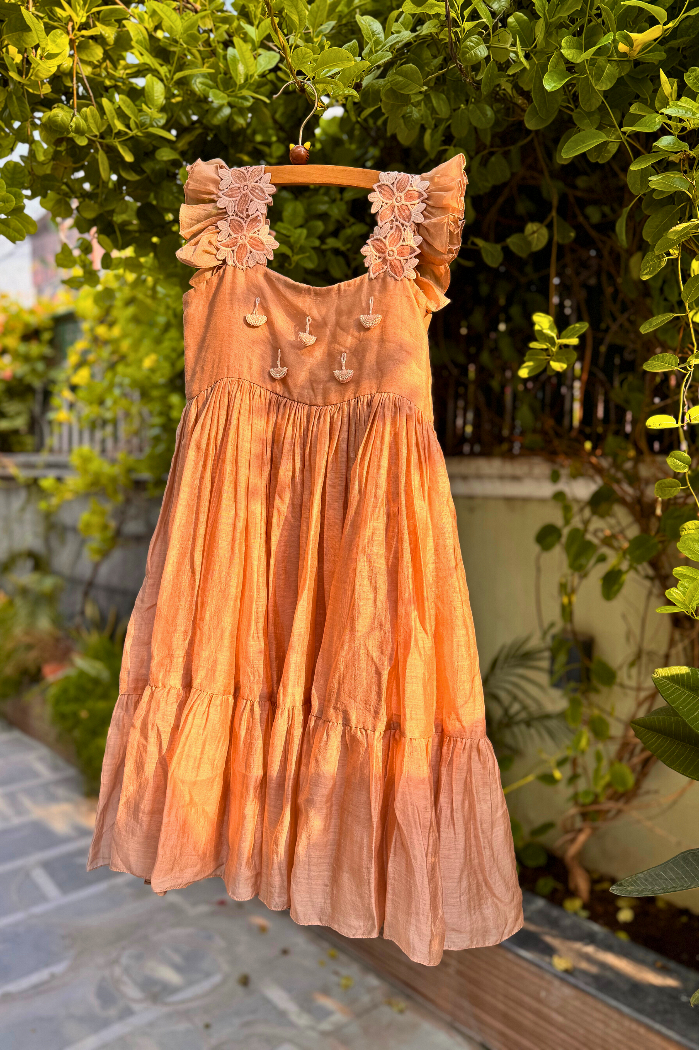 Bloom Embellished Gathered Dress - Peach