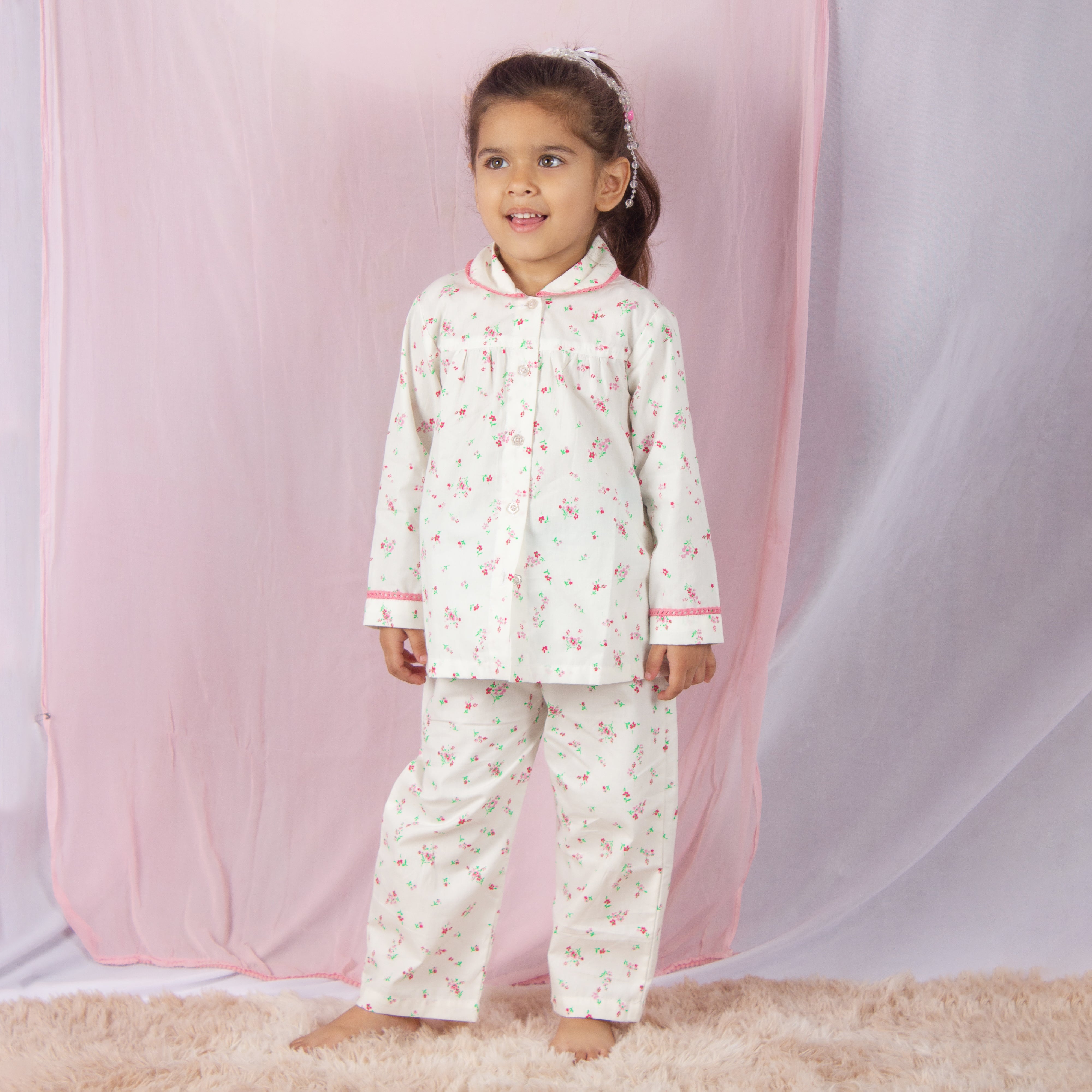 Snuggleme Girls Floral Pink Lace NightSuit-White