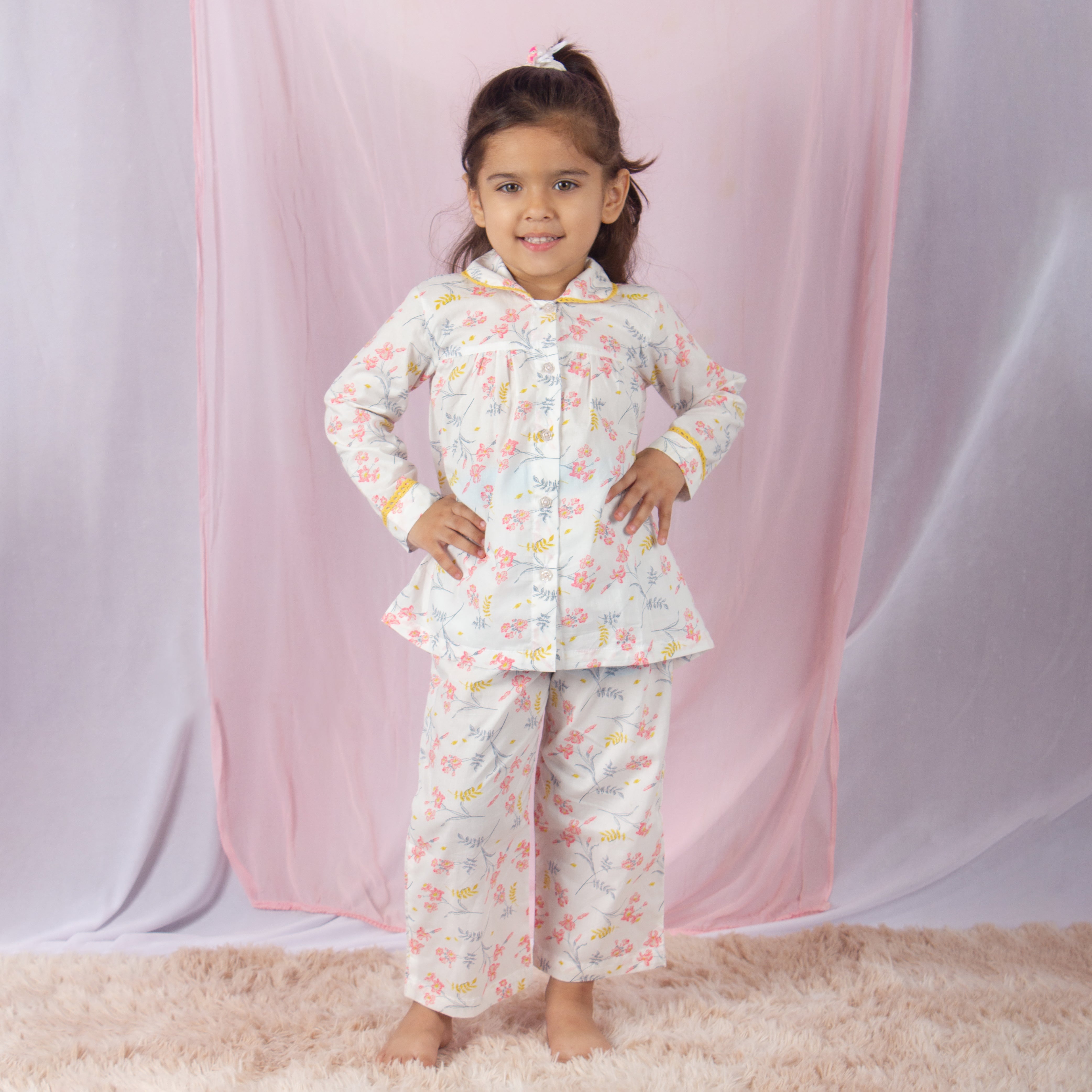 Snuggleme Girls Floral Yellow Lace NightSuit-Off White
