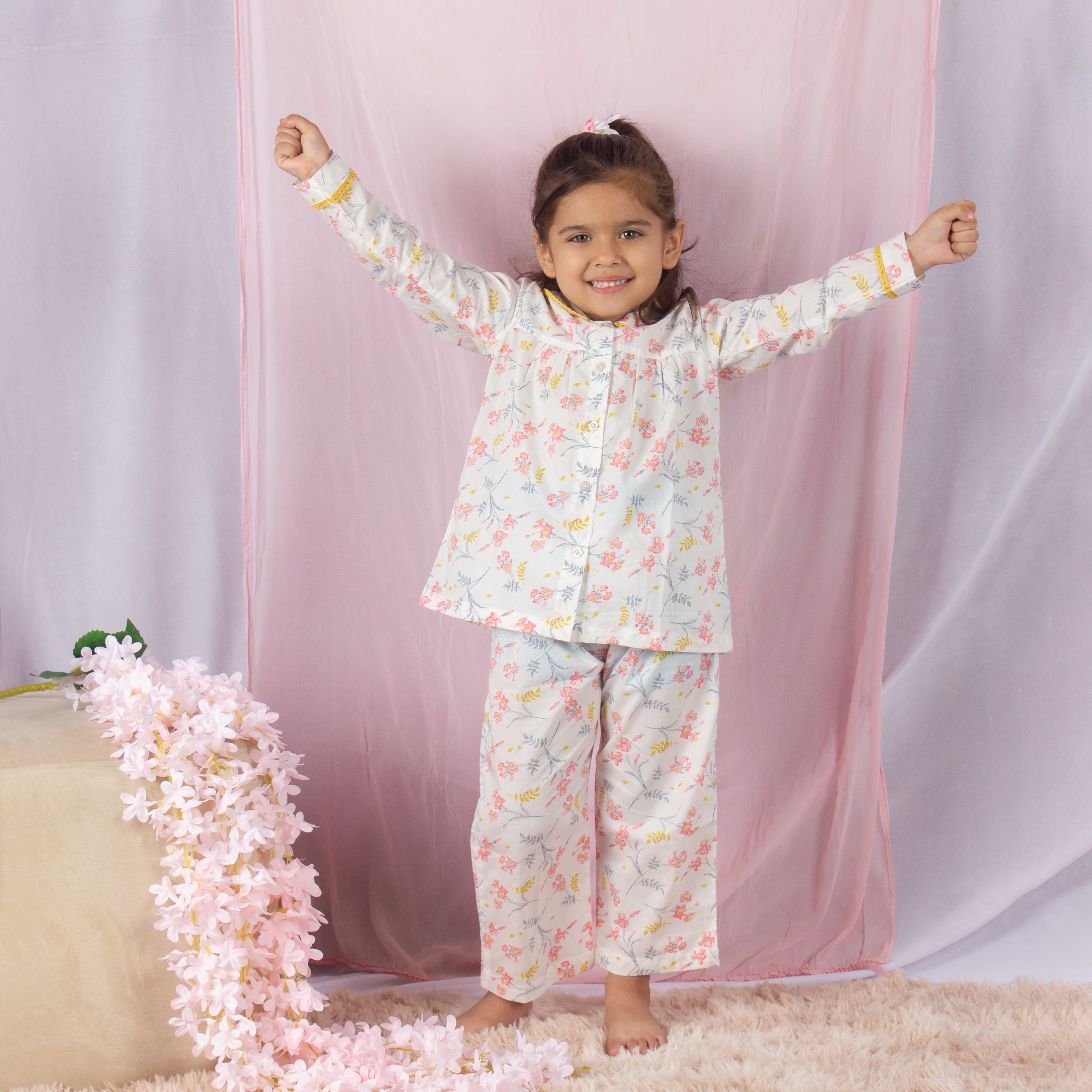 Snuggleme Girls Floral Yellow Lace NightSuit-Off White