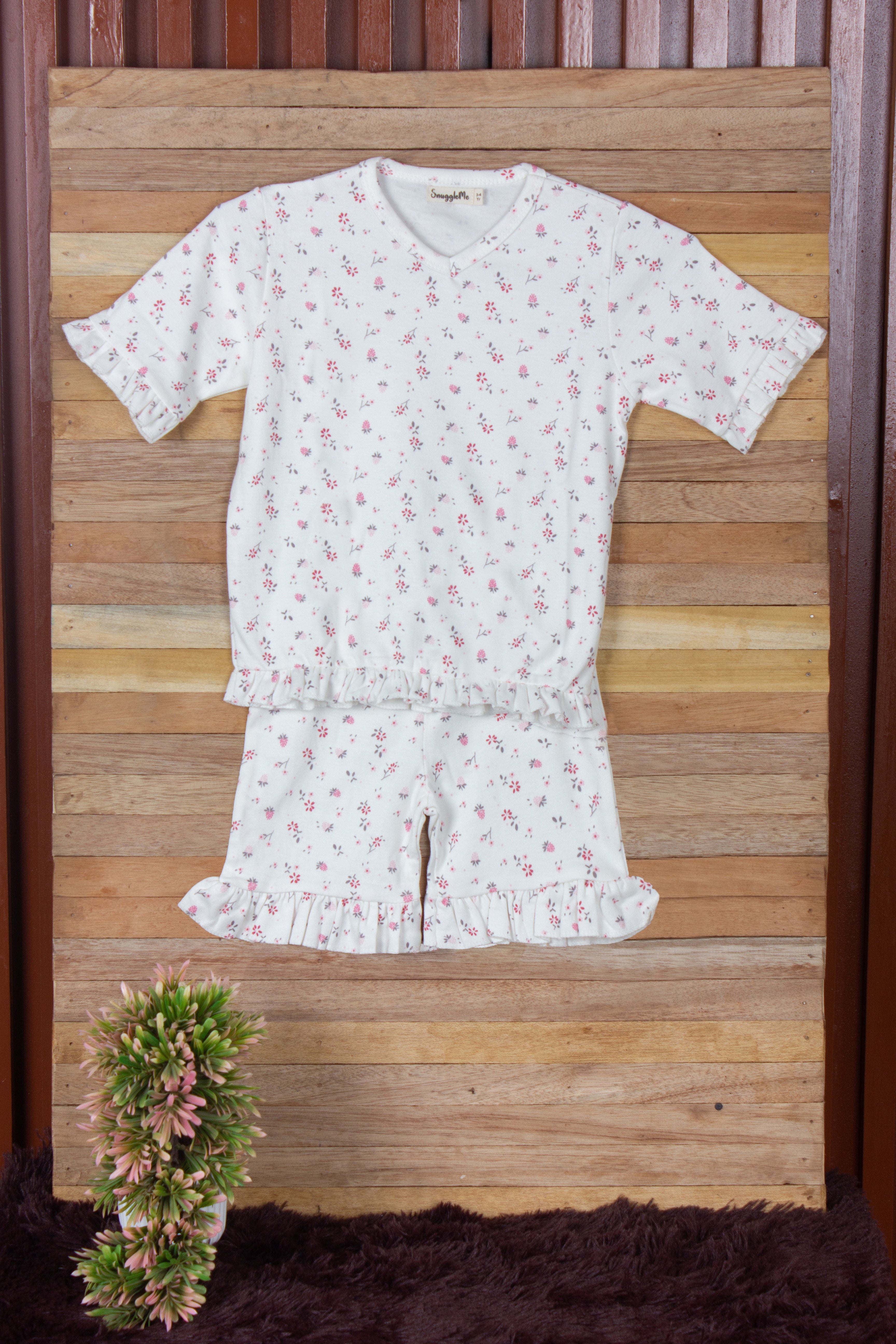 Snuggleme Girls Floral Print Nightsuit with Frill Shorts-White