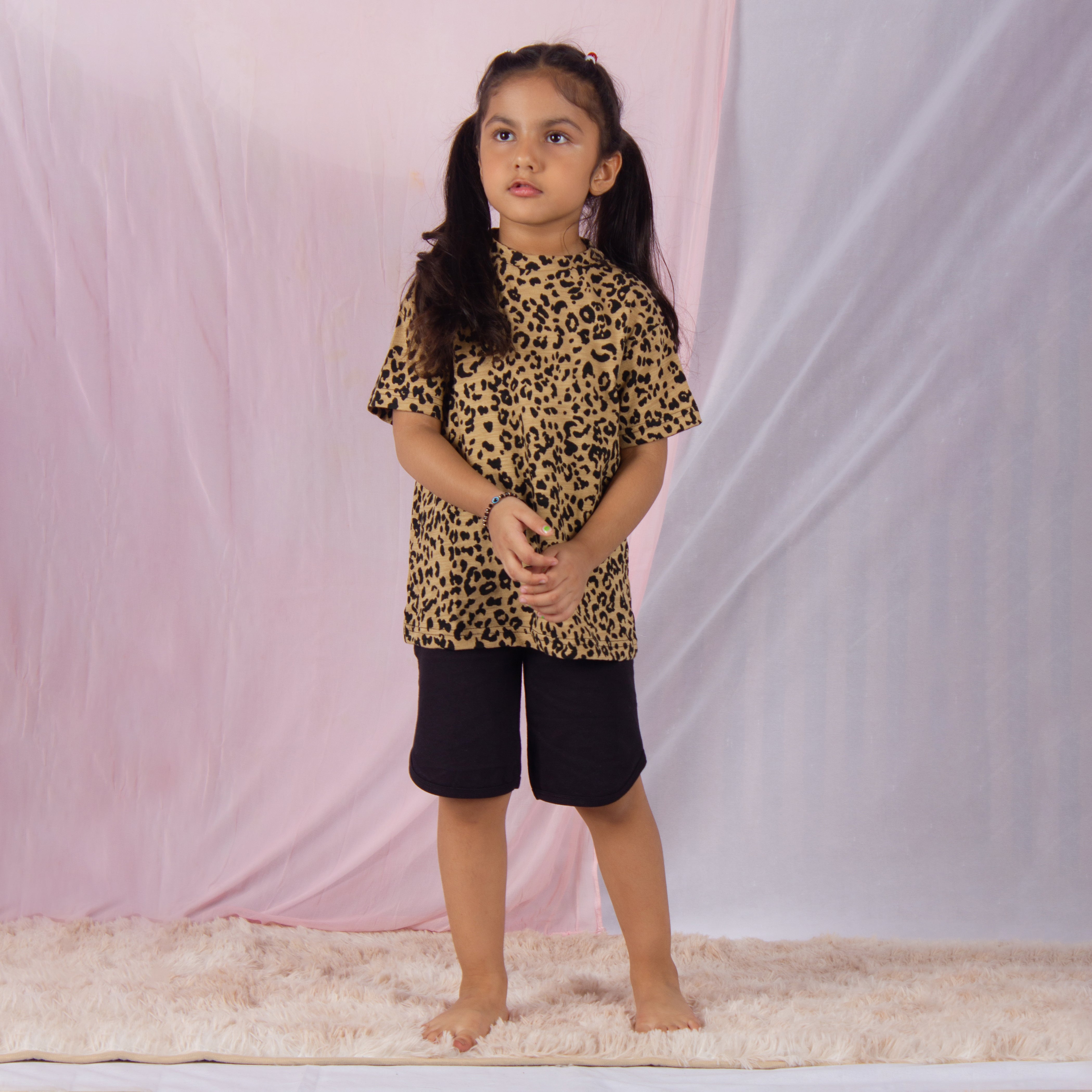 SnuggleMe Half Sleeves Girls Night suit with Culottes - Brown & Black