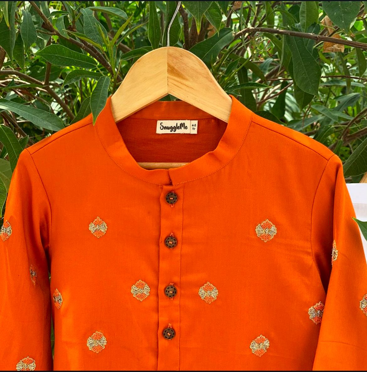 Boys Zari Booti Embroidery Kurta Set - Orange