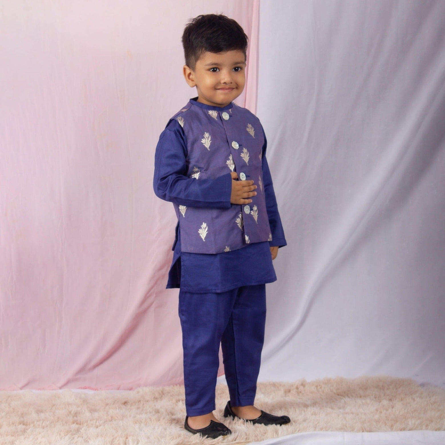 Blue Kurta And Pant With Chanderi Zari Jacket