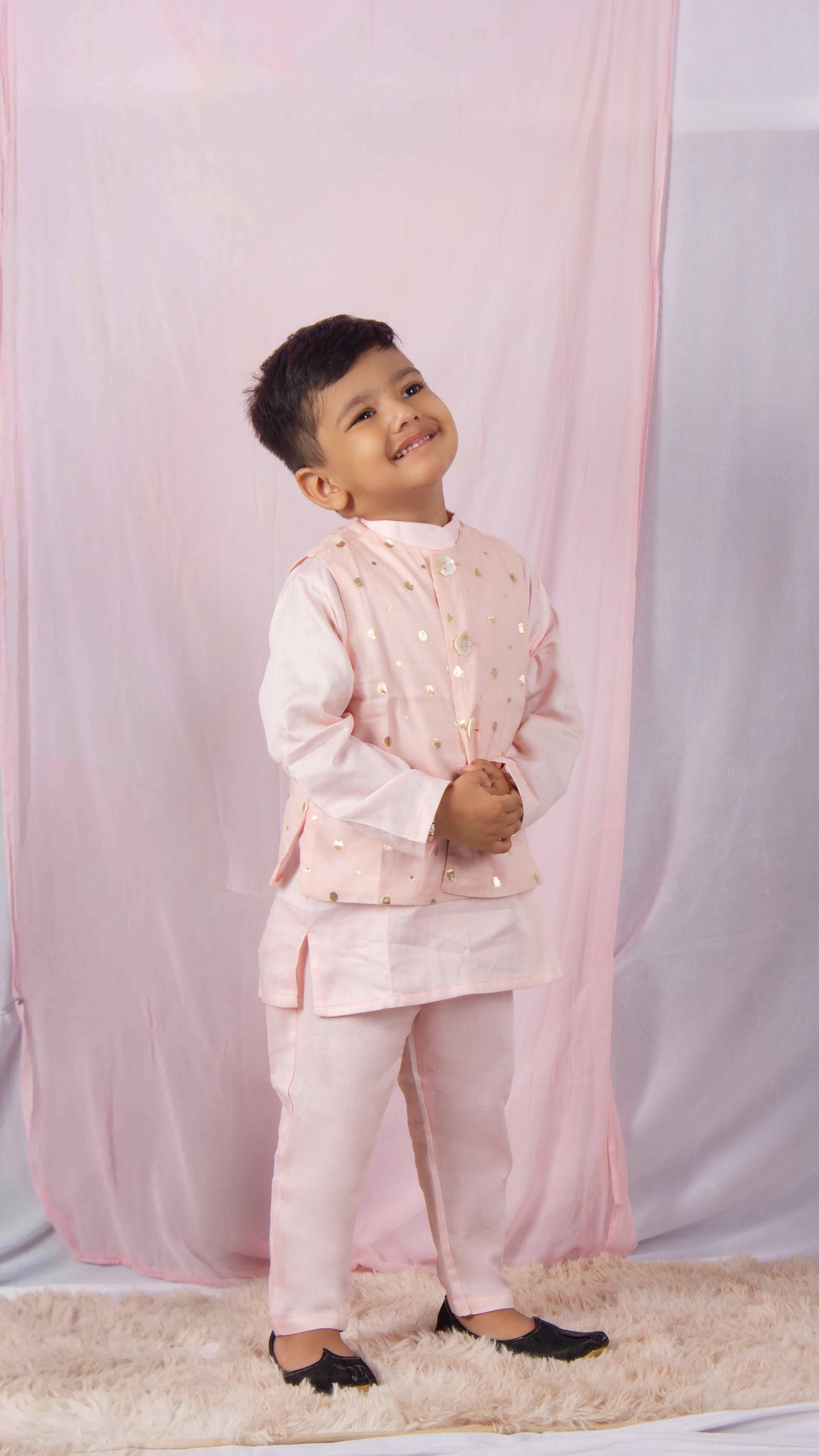 Pastel Pink Kurta And Pant With Elegant Golden Chanderi Zari Jacket