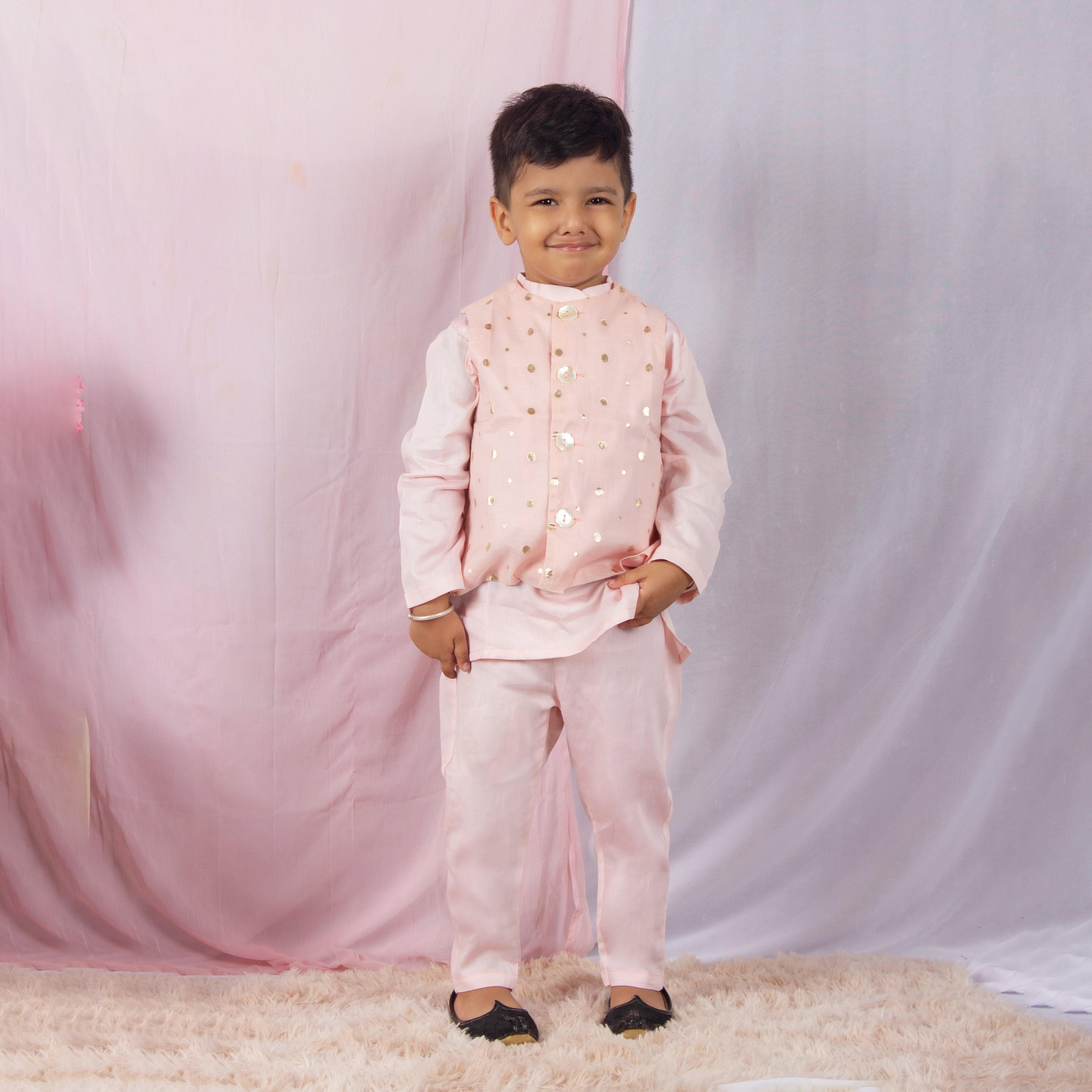 Pastel Pink Kurta And Pant With Elegant Golden Chanderi Zari Jacket